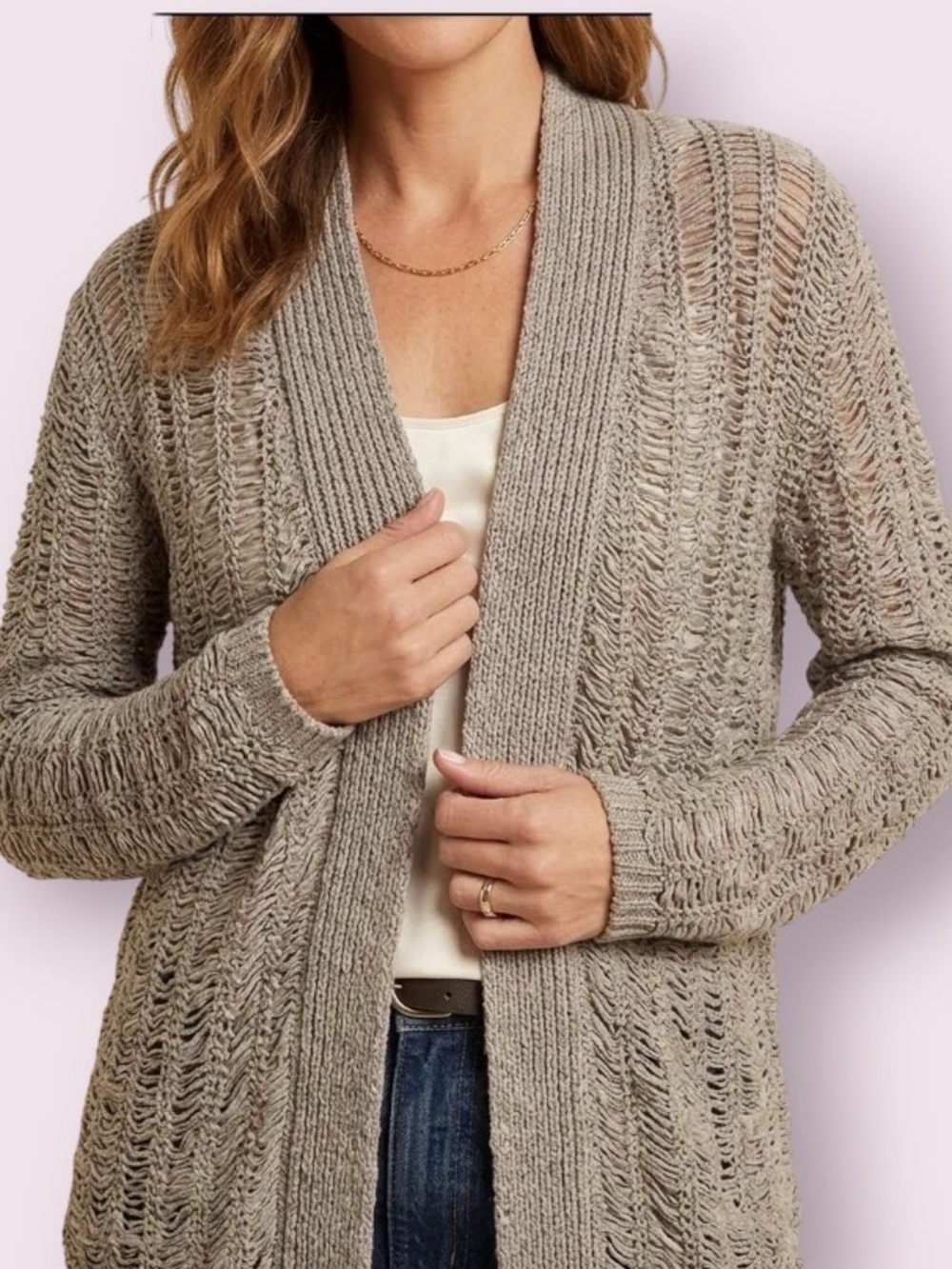 Chico’s Open Front Ribbon Knit Cardigan Sweater Brown Size 12 Large